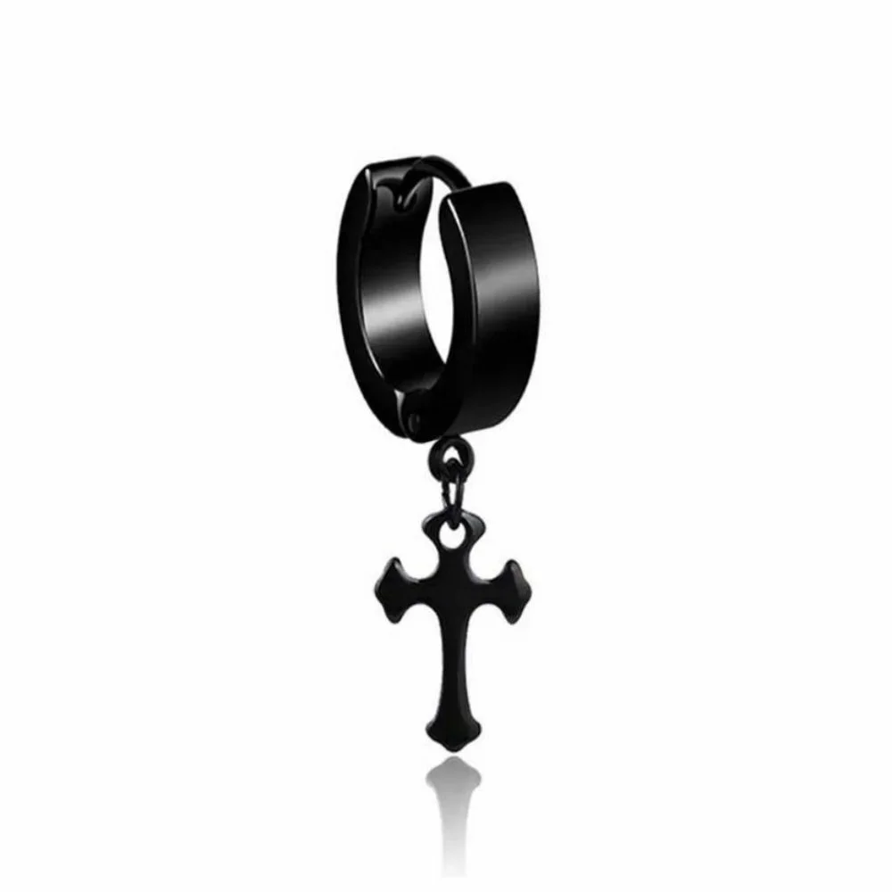 Kpop Korean Idol Group Punk Stud Boys Christian Cross Titanium Earrings Black-C - Picture 1 of 1